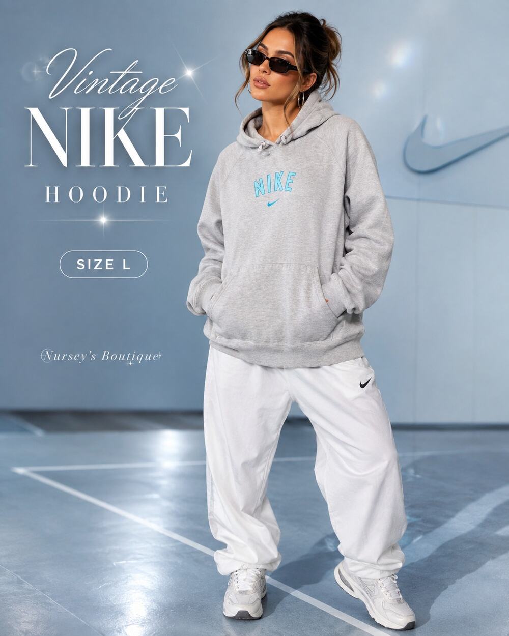 Vintage Y2K Nike Team Hoodie Large Gray Blue Spellout Swoosh Made Mexico
